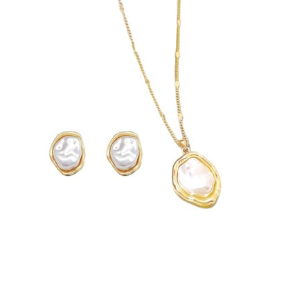 MYANAIL Irregular Pearl Earrings Necklace Set for Women Baroque Pendant Necklace Stud Earrings Simple Classic Jewelry Set