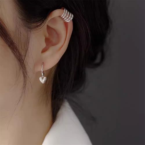 Cute Heart Love Dangle Drop Cartilage Small Huggie Hoop Earrings for Women Minimalist S925 Sterling Silver Charm Dangling Cuff Sleeper Hoops Dainty Hypoallergenic Jewelry