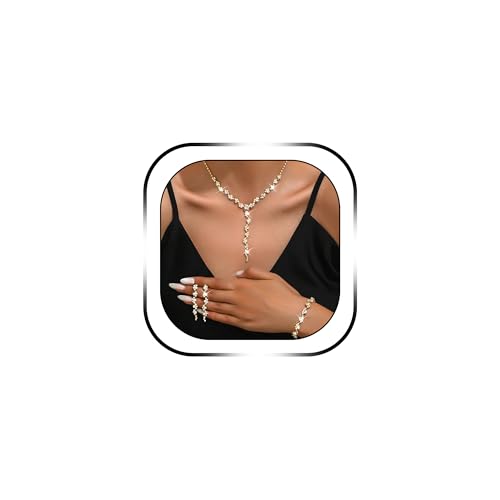 Rhinestone Jewelry Set Crystal Pearl Necklace Bracelet Earrings | Sparkly Necklace Dangle Earrings,Wedding Prom Formal Costume Jewelry Sets for Women - color: Gold3