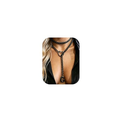 Black Heart Slip Chain Initial Necklaces for Women, Stainless Steel Wrap Choker Necklace, Gothic O-Ring Adjustable Lariat Y Necklaces, Punk Cuban Collar Choker Necklace, Halloween Jewelry Gift - color: Black G