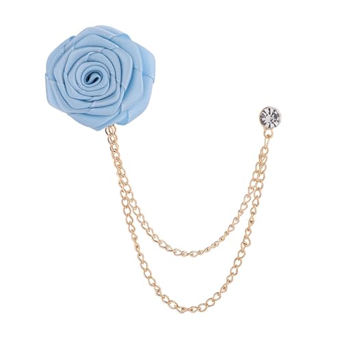 Bridegroom Wedding Brooch, Rose Flower Brooch Lapel Pin Badge Tassel Chain for Men Suit Accessories, Cloth Art Handmade Jewelry - color: Baby blue