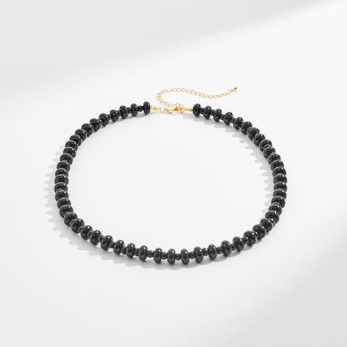 Colorful Beaded Choker Necklaces for Women | Large Natural Stone Bead, Boho Beach Necklace, Trendy Jewelry Gifts, 4 Style, 16+3 in - color: 04-Black