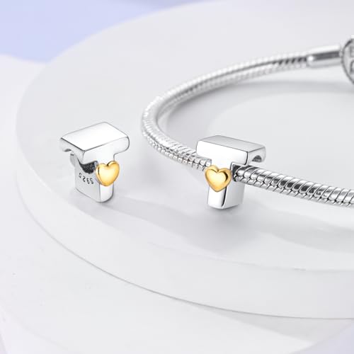 925 Sterling Silver Letter Charms A-Z for Bracelet Necklace Alphabet Bead | Heart letter A B C D G J charm initial gold Pendant beads Jewelry Gift for Women - color: Letter T