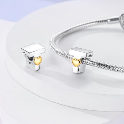 925 Sterling Silver Letter Charms A-Z for Bracelet Necklace Alphabet Bead | Heart letter A B C D G J charm initial gold Pendant beads Jewelry Gift for Women - color: Letter T