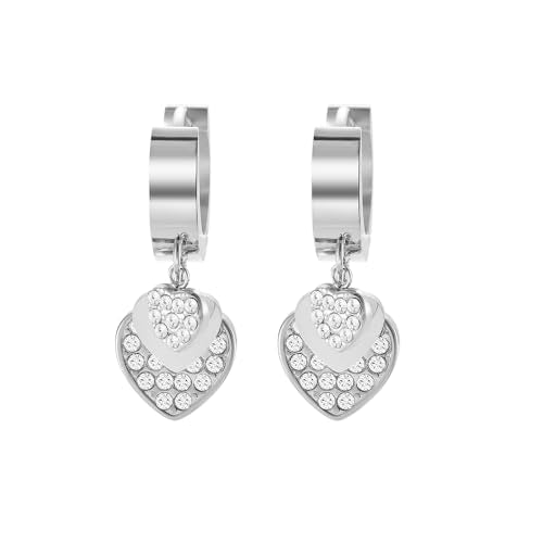 Women's Huggie Hoop Earrings with Small Cute Charm - style: Silver Two Hearts CZ