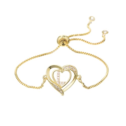 14K White Gold Plated Initial Heart Bracelet for Women Zircon Inlay Heart Initial Charm Bracelets Adjustable Minimalist Jewelry - color: L-gold