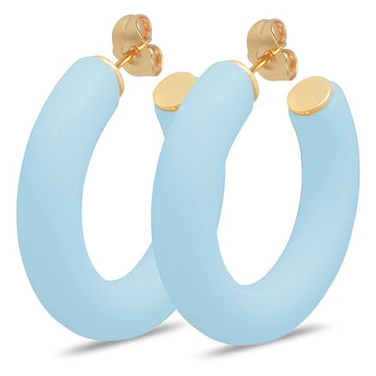 Gold Plated Multicolor Resin Chunky Thick Open Hoop Earrings in 57MM and 37.5MM Diameters - color: Blue - Baby Blue - Matte Finish, size: 37.5MM (1.48") Diameter