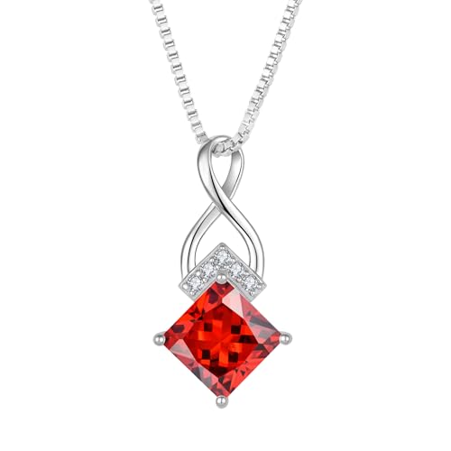 Infinity Necklace 925 Sterling Silver Princess Cut Pendant Birthstone Jewelry for Women - color: Deep Red