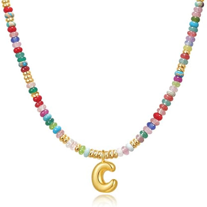 YOUFENG Initial Letter Necklaces for Women Colorful Beaded Gemstone Choker 14K Gold Plated Bubble Letter Pendant Necklace Natural Stone Handmade Jewelry Gift - color: C