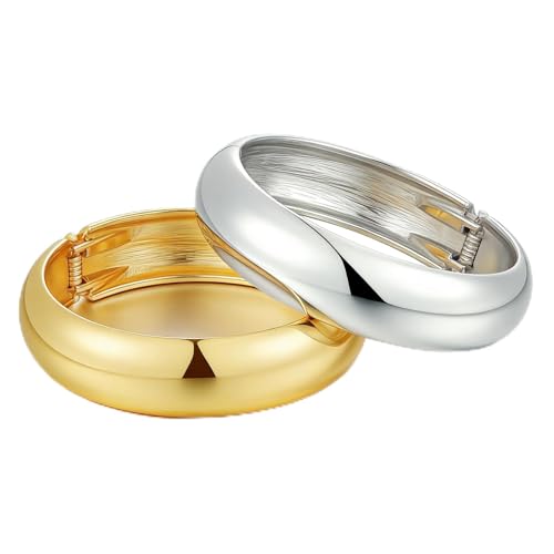 Chunky Gold Bangle Bracelets for Women, Dainty 14k Gold Plated Big Stackable Bangles Set, Trendy Statement Cuff Bracelet Stack Fashion Jewelry Gifts - style: 2 Silver & gold chunky bangles