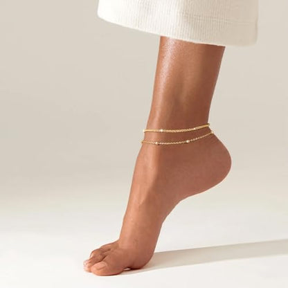 Robaice Ankle Bracelets for Women, 14K Gold Plated/Silver Layered Anklets | Waterproof Adjustable Anklet for Women, Summer Beach Anklet, Glitter Jewelry for Women Gifts - color: Gold-1