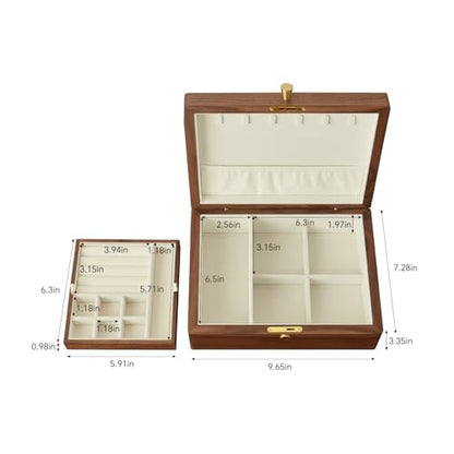 Solid Black Walnut Wood Jewelry Box, With Lock | Velvet Lining, Personalized Ring and Necklace Box, For Women and Girls, Brass Lock and Handle - style: With lock