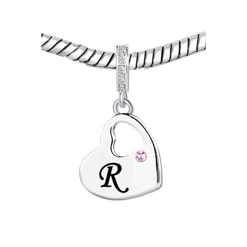 KunBead Initial A-Z Letter Pink Heart Alphabet Birthday Dangle Love Charms Compatible with Pandora Charm Bracelet for Auntie Friend Sister Mom Daughter Nana Granddaughter Wife - style: Letter R