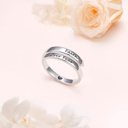 Ladytree Adjustable Inspirational Rings 925 Sterling Silver Stacking Wrap Spiral Twist Statement Band Encouragement Birthday Gift for Women Men - style: faith over fear