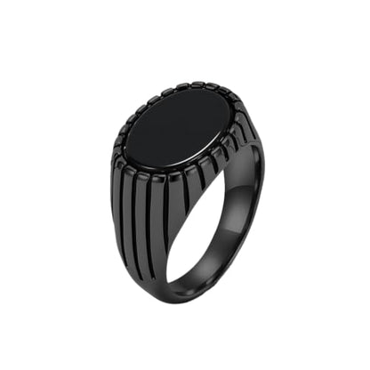 Oval Zircon Men's Grooved Signet | Retro Chunky Stainless Steel Geometric Band, Cool Industrial Statement Jewelry for Him, Biker Fashion Accessory - color: Oval Black