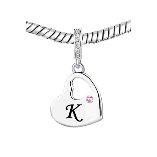 KunBead Initial A-Z Letter Pink Heart Alphabet Birthday Dangle Love Charms Compatible with Pandora Charm Bracelet for Auntie Friend Sister Mom Daughter Nana Granddaughter Wife - style: Letter K