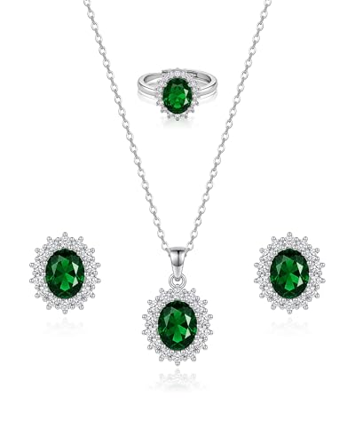 Silver Emerald Jewelry Set Green Cubic Zirconia May Birthstone Stud Earrings Necklace and Open Ring Set for Women Trendy