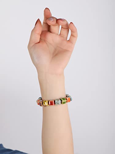 Boho Hippie Colorful Ceramic Beads Strand Stretch Bracelet, Bohemian Summer Beach Jewelry Gift for Women - color: S02