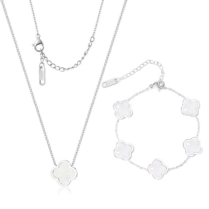 Delicacy Clover Bracelets Necklace Set:Clover Necklaces Clover Bracelet Women Link Bracelets Cute Gold Jewelry - color: Silver-White