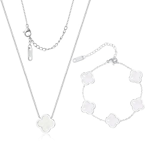 Delicacy Clover Bracelets Necklace Set:Clover Necklaces Clover Bracelet Women Link Bracelets Cute Gold Jewelry - color: Silver-White