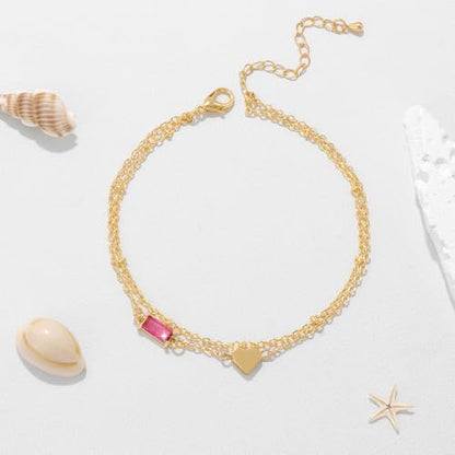 Birthstone Anklet with Heart Charm Layer Ankle Bracelet for Women, 14K Gold Plated Adjustable Chain Stackable Trendy Jewelry Gift for Her, Mom, Friend, Wife - style: 7-July