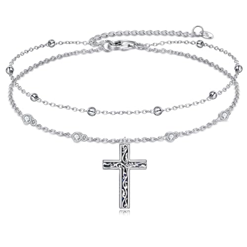 LUHE Cross Ankle Bracelets Sterling Silver Religius Double Chain Anklets Christian Baptism Layered Anklet Jewelry Gifts for Women - style: Filigree cross anklet