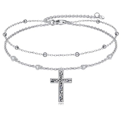 LUHE Cross Ankle Bracelets Sterling Silver Religius Double Chain Anklets Christian Baptism Layered Anklet Jewelry Gifts for Women - style: Filigree cross anklet