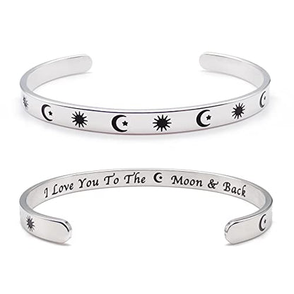 Dczosily Inspirational Bracelets for Women Stainless Steel Cuff Bracelet Engraved Jewelry Motivational Bangles Personalized Gifts for Best Friend/Mom - style: Love-Sun Moon & Stars-I Love You To The Moon & Back