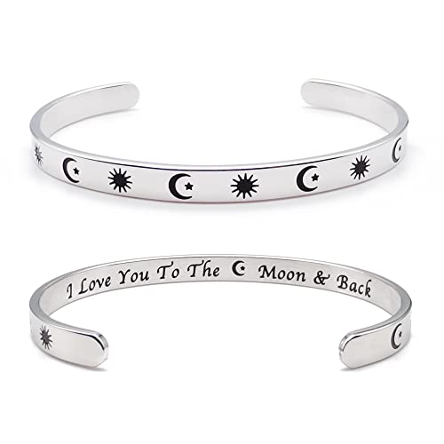 Dczosily Inspirational Bracelets for Women Stainless Steel Cuff Bracelet Engraved Jewelry Motivational Bangles Personalized Gifts for Best Friend/Mom - style: Love-Sun Moon & Stars-I Love You To The Moon & Back