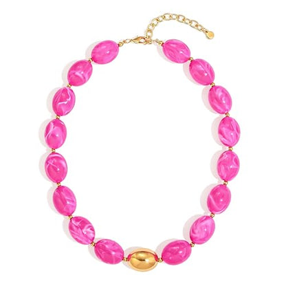 Chunky Beads Necklace for Women Trendy Gold Puffy Heart Choker Necklace Colorful Resin Beaded Heart Pendant Necklaces Statement Jewelry - color: Oval Beads-Rose Red