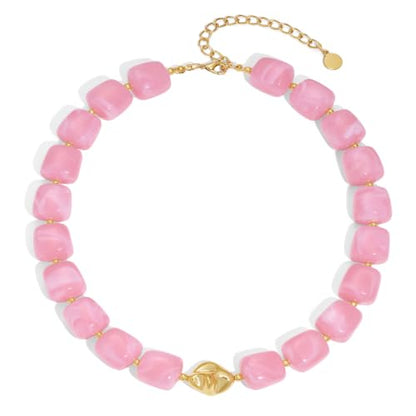 Chunky Beaded Necklace for Women,Square Resin beads boho Choker Necklace with gold-tone spacers,Fashion Trendy Summer Beach Party Necklaces Handmade Surfer Beach Necklaces Jewelry Gifts - color: Pink
