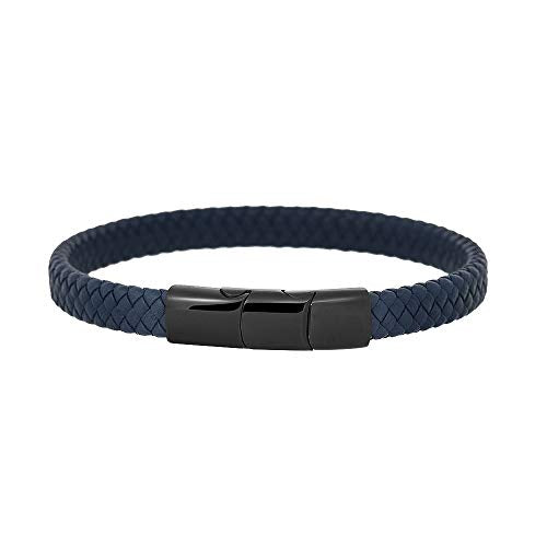 Geoffrey Beene Men's Braided Genuine Leather Bracelet with Stainless Steel Closure - color: Blue, Black
