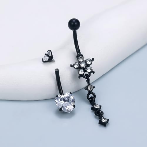14G Dangle Belly Button Ring Piercing Jewelry 316L Stainless Surgical Steel Heart Flower CZ Reverse Navel Rings Dangling Belly Button Ring Piercing Jewelry for Women 14 Gauge Hypoallergenic - style: 5Pcs Black