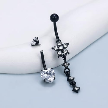 14G Dangle Belly Button Ring Piercing Jewelry 316L Stainless Surgical Steel Heart Flower CZ Reverse Navel Rings Dangling Belly Button Ring Piercing Jewelry for Women 14 Gauge Hypoallergenic - style: 5Pcs Black