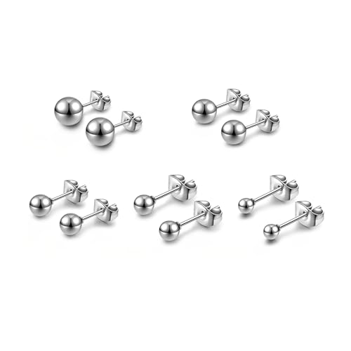 5 Pairs Small Ball Stud Earrings for Women and Men, Hypoallergenic Stainless Steel Round Ball Earrings Set for Sensitive Ears, Multiple Piercings Cartilage (3-7mm)