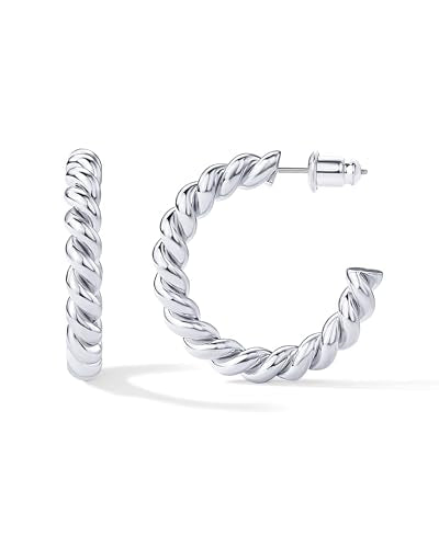 PAVOI 14K Gold Plated Twisted Rope Round Hoop Earrings - color: White Gold, size: 25 MM