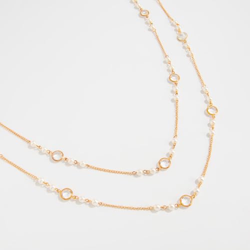 Long Pearl Necklaces for Women Pearl Long Chain Necklace Gold Chain Dainty Delicate Station Necklace Jewelry for Dress Party - color: 2Layer Gold