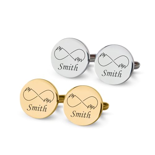 Custom engraved cufflinks for men, personalized wedding gift for groom, father of the bride & groom dad, best men, customized gold & silver cufflinks with dates, quotes or couples initials from bride - style: Infinity symbol & Last Name