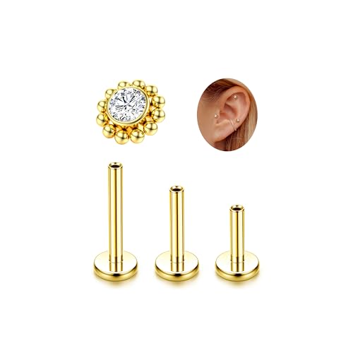 LOLIAS 16G G23 Titanium Tragus Conch Helix Piercing Jewelry 6mm 8mm 10mm - Internally Threaded Flat Back Stud Cartilage Earrings Hypoallergenic Forward Earlobe Labret Tragus Piercing Jewelry - color: Flower-14K Gold