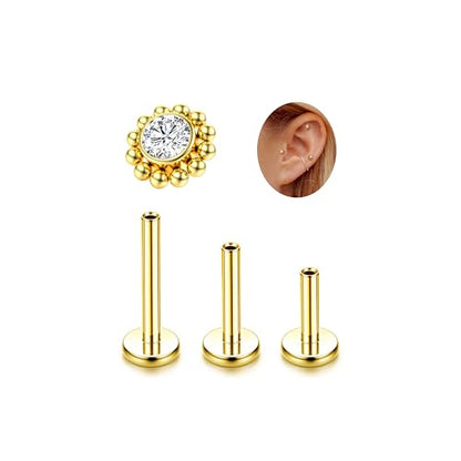 LOLIAS 16G G23 Titanium Tragus Conch Helix Piercing Jewelry 6mm 8mm 10mm - Internally Threaded Flat Back Stud Cartilage Earrings Hypoallergenic Forward Earlobe Labret Tragus Piercing Jewelry - color: Flower-14K Gold