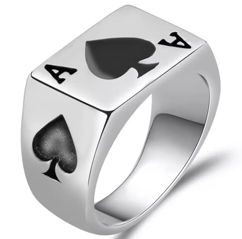 JAJAFOOK Mens Womens Stainless Steel Ring Poker Spade Ace Silver Black Sizes 6-14 - color: Spade Ace Silver Black, size: 5