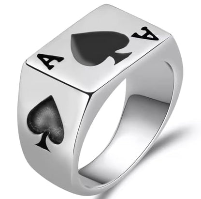 JAJAFOOK Mens Womens Stainless Steel Ring Poker Spade Ace Silver Black Sizes 6-14 - color: Spade Ace Silver Black, size: 5
