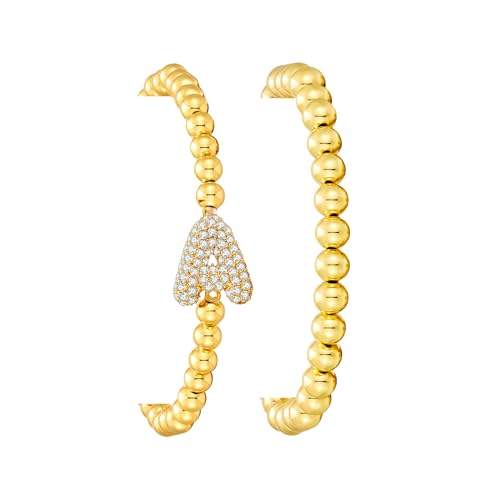 Initial Stack Bracelet Set for Women Trendy 14K Gold Plated Beaded Stackable Stacking Stretch Name Bracelets Dainty Friendship Waterproof Charm Cute Birthday Jewelry Gifts for Women - color: Initial A