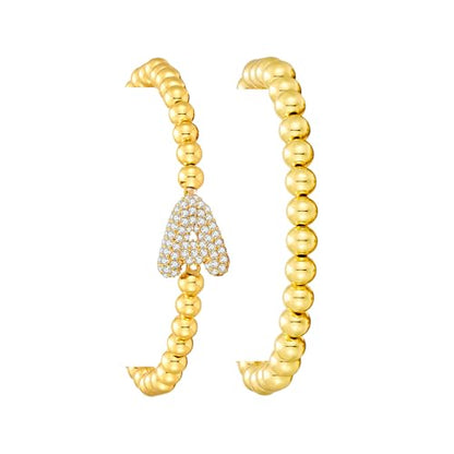 Initial Stack Bracelet Set for Women Trendy 14K Gold Plated Beaded Stackable Stacking Stretch Name Bracelets Dainty Friendship Waterproof Charm Cute Birthday Jewelry Gifts for Women - color: Initial A
