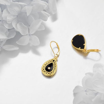 Sterling Silver Black Onyx Earrings for Women 18K Yellow Gold Plated Jewelry Gifts - style: Filigree Teardrop 2