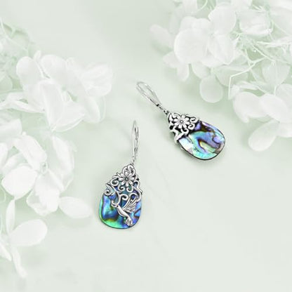 POPLYKE Dragonfly Butterfly Hummingbird Sunflower Earrings 925 Sterling Silver Abalone Shell Moonstone Leverback Earrings Jewelry - style: Hummingbird