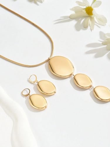 Statement Necklace and Earrings Set – 2PCS Gold Silver Chunky Geometric Pendant Jewelry with Snake Chain, Asymmetrical Ellipse Y-Necklace Metallic Fashion Jewelry for Women - color: A:Gold