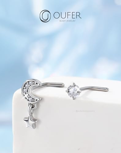 OUFER 2PCS Stainless Steel Nose Rings, Moon Star Butterfly Design 20G Nostril Dangle Piercing Jewelry - 7MM - style: Moon