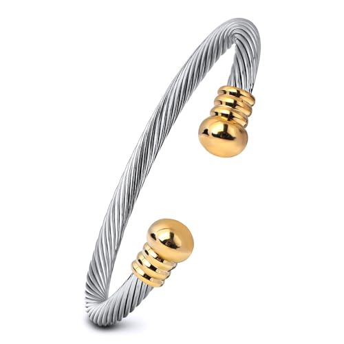 OSIRIDEH2 Stainless Steel Twisted Cable Wire Bracelets Adjustable Open Cuff Bangle Bracelet Vintage Jewelry Gift for Women - color: gold + silver cable bracelet