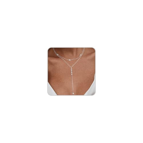 Lariat Necklace for Women, Dainty Long Necklaces, 14k Gold/Silver Plated Y-Shaped Drop Chain Necklace, Simple Layered Necklaces, Trendy Jewelry Gifts - style: CZ Layered Y Necklace-Silver